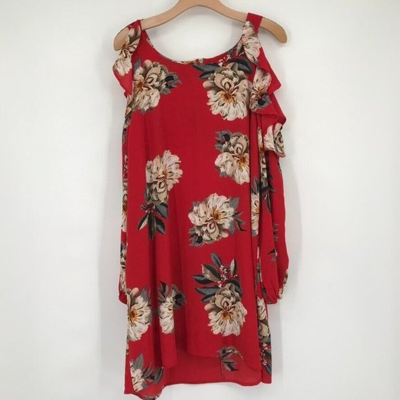 Umgee + Floral Shift Dress Women’s Cold Shoulder red floral long sleeve size XL - Picture 2 of 7